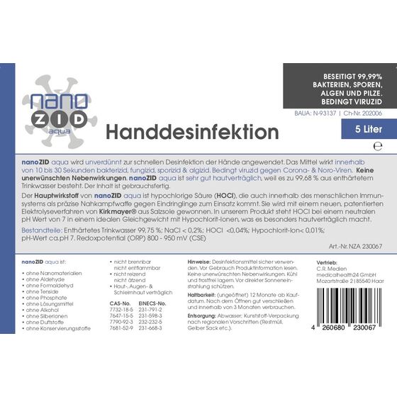 nanoZID aqua | pH-neutrales Handdesinfektionsmittel auf HOCl-Basis |  dermatologisch getestet - 5 Liter*