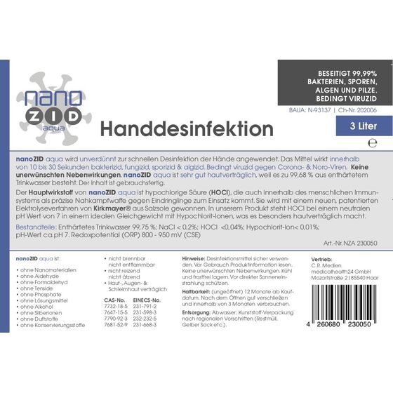 nanoZid aqua | pH-neutrales Handdesinfektionsmittel auf HOCl-Basis |  dermatologisch getestet - 3 Liter*