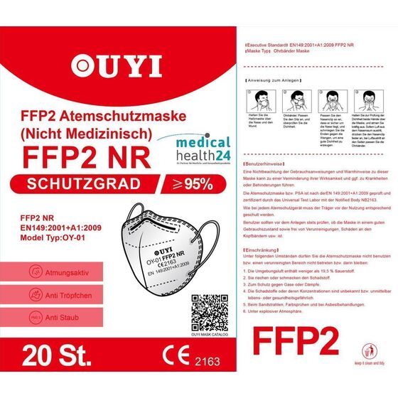 OUYi FFP2 NR Maske OY-01 Atemschutzmaske Mundschutz Faltmaske ohne Ventil mit Ohrschlaufen geprft zertifiziert CE 2163 EN149:2001 + A1:2009 Ouyi Holding Co., Ltd. 20