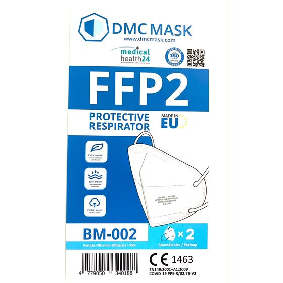 DMC Mask BM-002 FFP2 Atemschutzmaske Mundschutz Faltmaske mit Ohrschlaufen 2er-Packung geprüft zertifiziert CE 1463 EN149:2001 + A1:2009