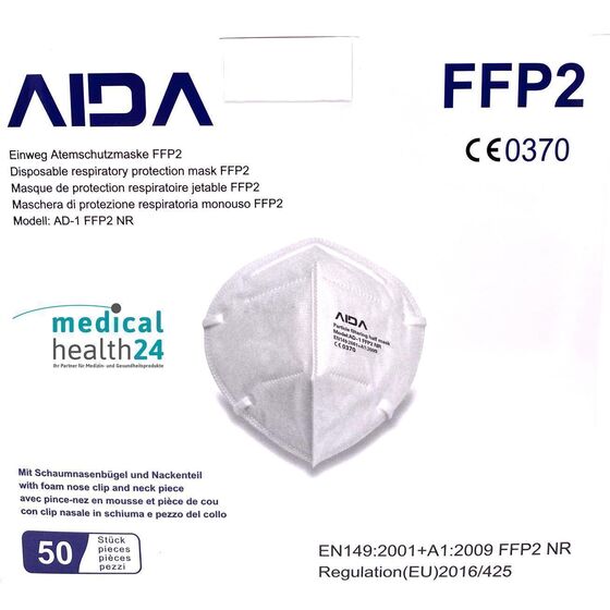 FFP2 Masken AIDA AD-1 partikelfiltrierende Halbmasken geprüft und zertifiziert CE0370 mit Ohrschlaufen EN149:2001 + A1:2009
