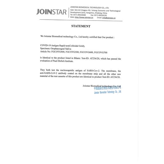 Aktuell nur für Fachpersonal zugelassen - JOINSTAR COVID-19-Antigen Rapid Test (Collodial Gold)